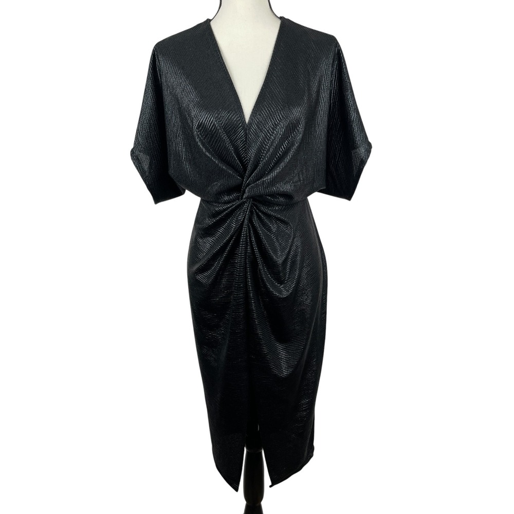 AKIRA Women's Midi Dress Small Metallic Black Twist Front V-Neck Kimono Sleeve